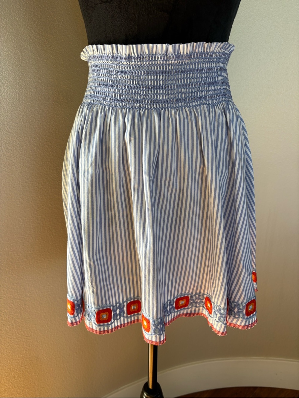Tory Smocked Waist Blue and White Striped Midi Skirt with Embroidered Hem